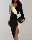 Women's long dress with two-tone waistline and side slit