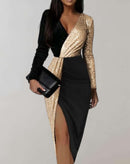 Women's long dress with two-tone waistline and side slit