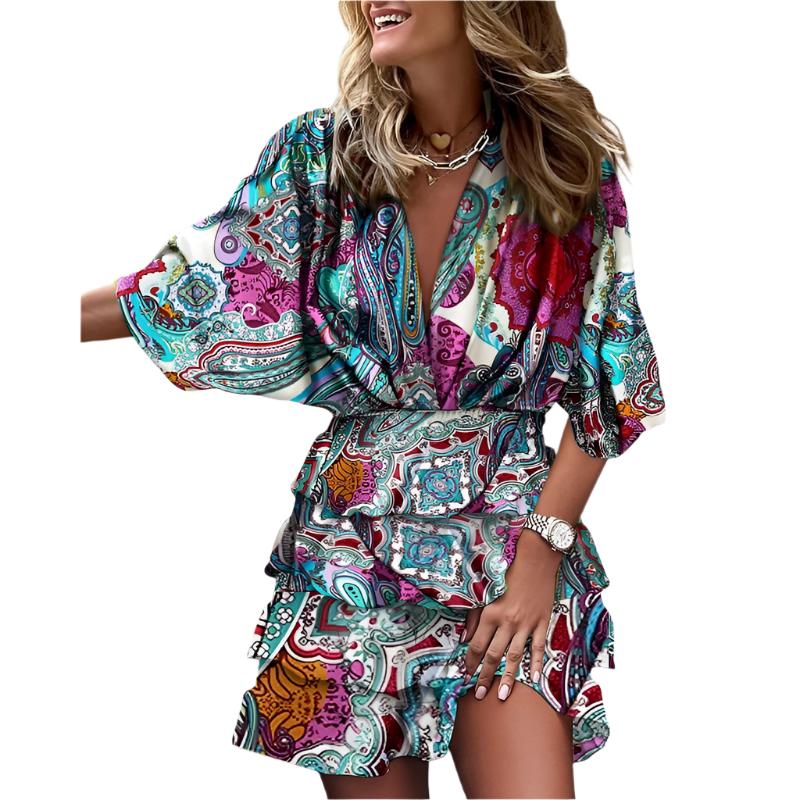 Women’s dress with batwing sleeves and v-neckline