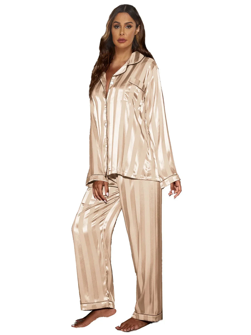 Women’s striped pajama set with long-sleeve top and relaxed bottoms