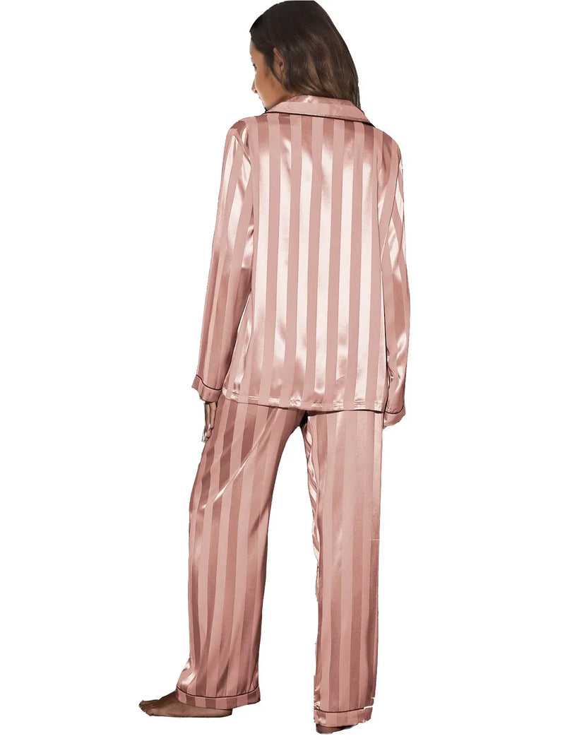 Women’s striped pajama set with long-sleeve top and relaxed bottoms