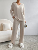 Women’s two-piece sweater set with v-neck top and wide-leg pants