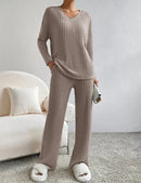 Women’s two-piece sweater set with v-neck top and wide-leg pants