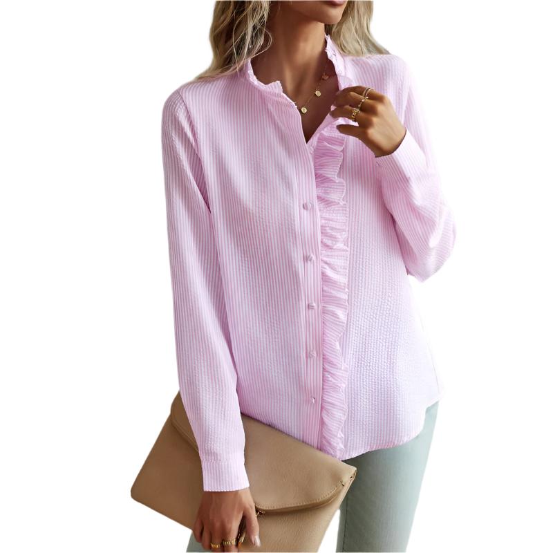 Women's blouse with ruffle accents and clean button front
