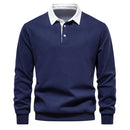 Men's long-sleeve polo with contrast collar and structured shape