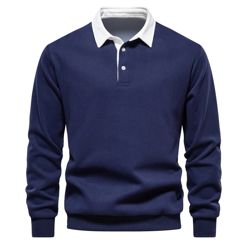 Men's long-sleeve polo with contrast collar and structured shape