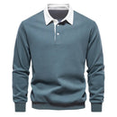 Men's long-sleeve polo with contrast collar and structured shape