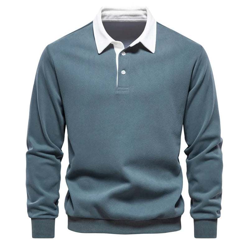 Men's long-sleeve polo with contrast collar and structured shape