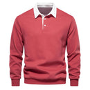 Men's long-sleeve polo with contrast collar and structured shape