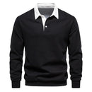 Men's long-sleeve polo with contrast collar and structured shape