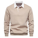 Men's long-sleeve polo with contrast collar and structured shape