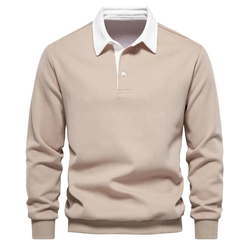 Men's long-sleeve polo with contrast collar and structured shape