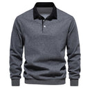 Men's long-sleeve polo with contrast collar and structured shape