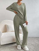 Women’s two-piece sweater set with v-neck top and wide-leg pants