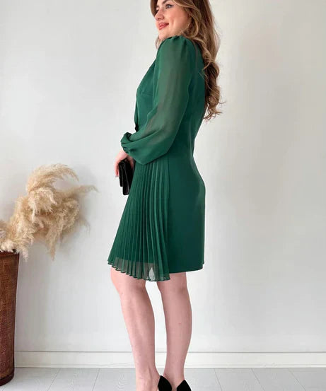 Women’s dress with sheer sleeves and defined silhouette